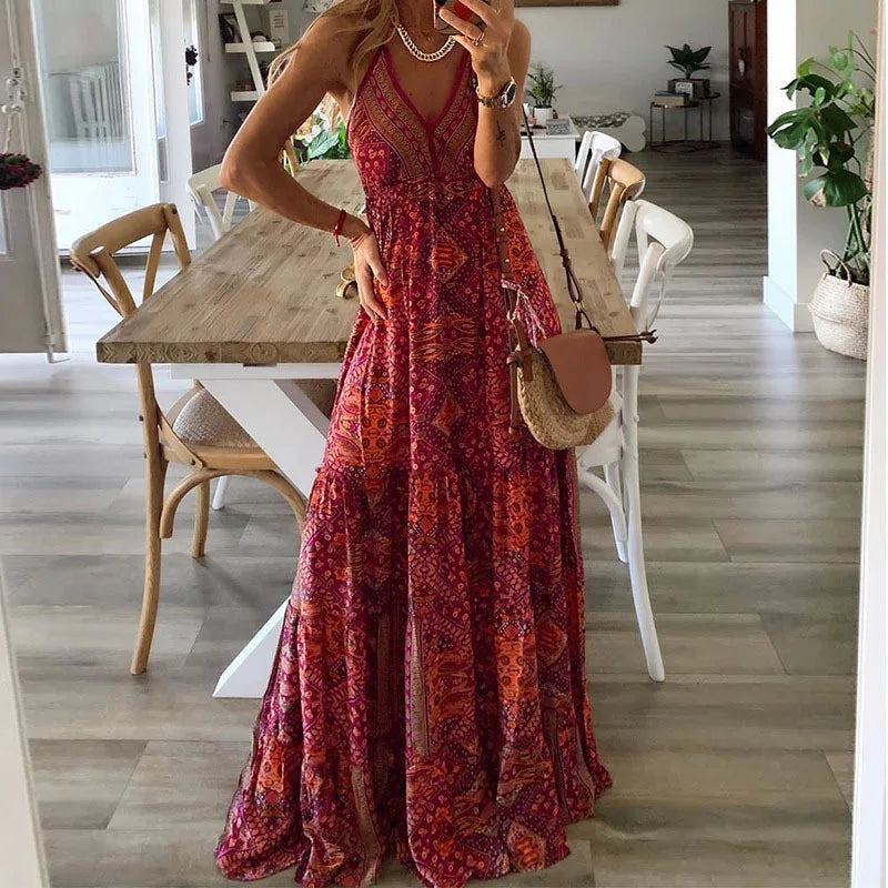 Damen Boho Maxi-Kleid mit floralem Muster