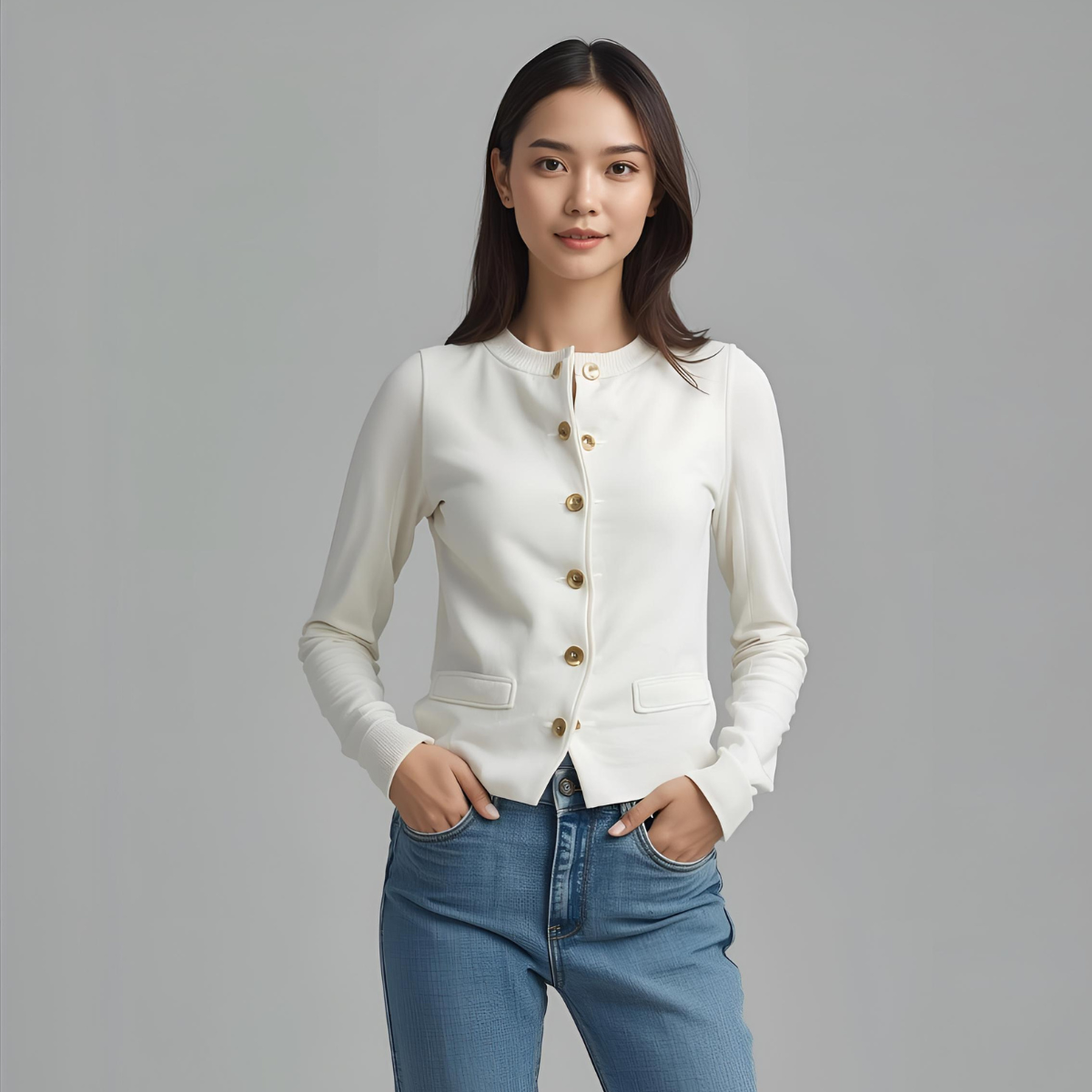 BIANCAEL | Elegantes weißes Freizeit-Gilet mit goldenen Details