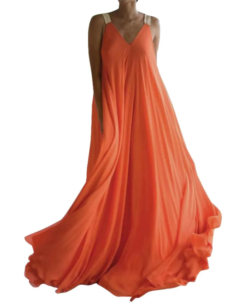 Chloë - Ärmelloses Boho-Maxi-Sommerkleid für Damen mit V-Ausschnitt, Einfarbig und Weit geschnitten