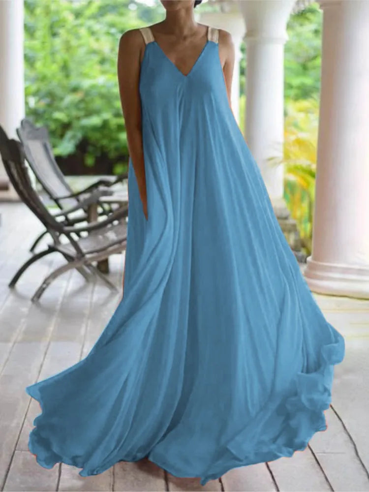 Chloë - Ärmelloses Boho-Maxi-Sommerkleid für Damen mit V-Ausschnitt, Einfarbig und Weit geschnitten