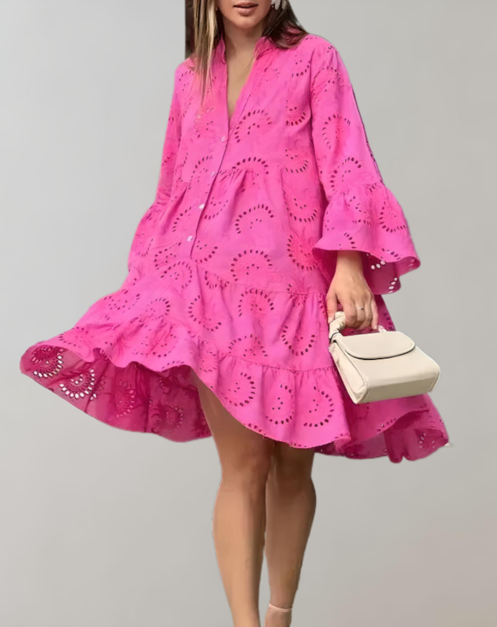 Beiges Wohlfühlkleid mit weiten Ärmeln und V-Ausschnitt für einen entspannten Look