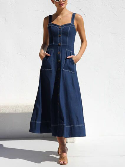 Casual Denim Midi Dress with Buttons and Straps