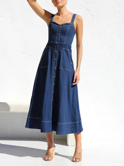 Casual Denim Midi Dress with Buttons and Straps