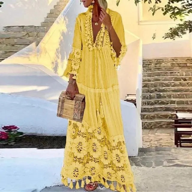Boho-Maxikleid mit Spitzen und Fransen